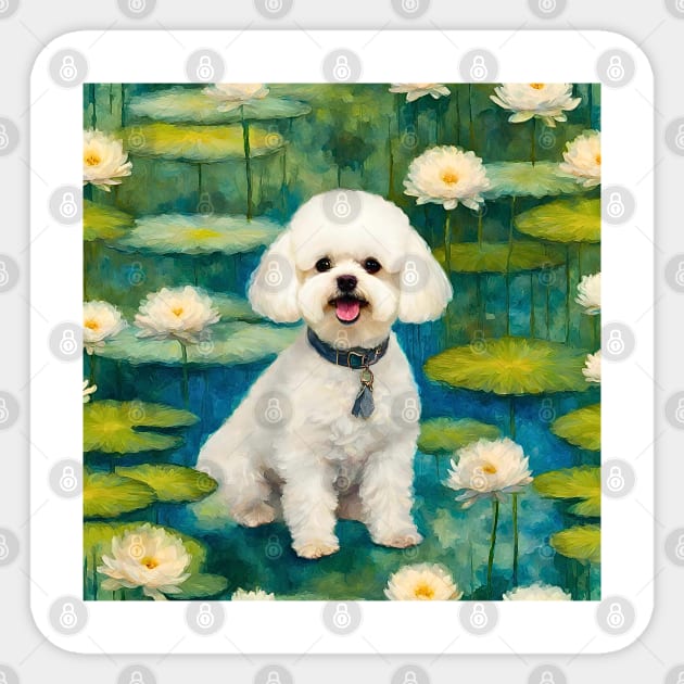 Bichon Frise on Lily Pond Impressionism Sticker by Doodle and Things